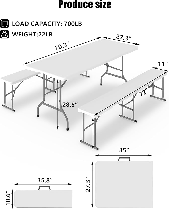 Folding Table Set with 2 Benches, 6 FT Picnic Table and Bench Set, 3- Piece Foldable Camping Tables Sets for Indoor & Outdoor, Portable Plastic Tables Chairs for Party, Wedding, Event, BBQ