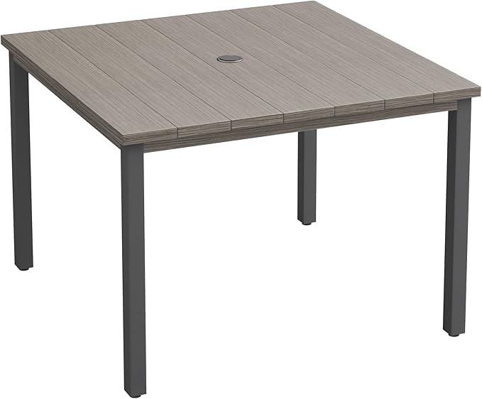 VICLLAX 40.2" Square Patio Dining Table for 4, Outdoor Table with Umbrella Hole, All Weather Metal Patio Table, Light Gray Tabletop