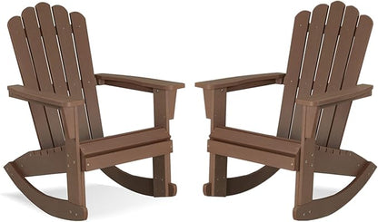 Psilvam Adirondack Rocking Chair Set of 2, Eco-Friendly Wood-Style Outdoor Patio Rocker - Heavy Duty 350 lbs Capacity, All-Weather Recycled Plastic, Easy Assembly (Brown)