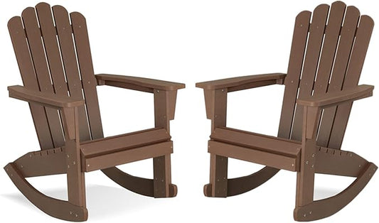 Psilvam Adirondack Rocking Chair Set of 2, Eco-Friendly Wood-Style Outdoor Patio Rocker - Heavy Duty 350 lbs Capacity, All-Weather Recycled Plastic, Easy Assembly (Brown)