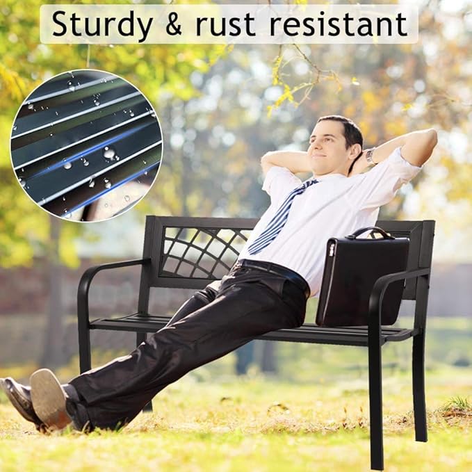 Metal Outdoor Patio Bench with Armrests Black Park Bench Cast Iron Sturdy Steel Frame Furniture Chair for Garden Park Yard Front Porch Path Lawn Work Entryway, 400lbs