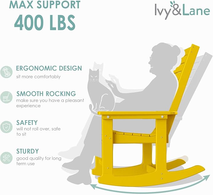 IVY&LANE Outdoor Rocking Chairs Set of 2 | Porch-Rockers | Yellow | HDPE Plastic | All-Weather | High Back | Wide Seat | Oversized Patio Rocker for Adult | for Outside Deck Balcony Garden
