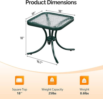 VINGLI Outdoor Side Table, 18" Patio Table Steel Frame Tempered Glass Top, Weatherproof Small Tables for Balcony Garden Poolside (Green, Square)