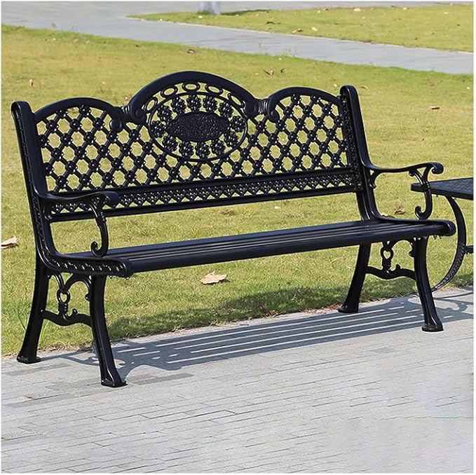 Outdoor Bench Chair Cast Aluminum Park Bench Large All Weather Metal Garden Bench for Backyard Porch Lawn (155cm Black Bench)