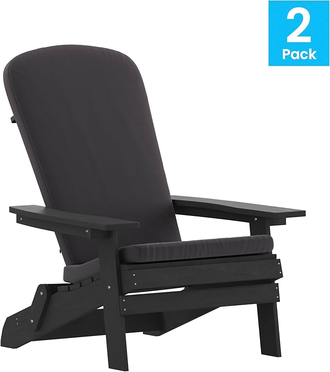 Flash Furniture Charlestown Folding Adirondack Chairs Poly Resin Frame-All-Weather Cushions-Indoor/Outdoor Use, Set of 2, Black/Gray