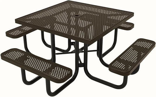 COATEDOUTDOORFURNITURE Heavy-Duty Portable Outdoor Picnic Table with Umbrella Hole, Punched Steel Commercial-Grade Patio Dining Furniture Made in America (46" Square Top, Textured Brown)