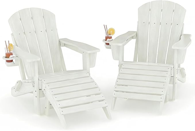 Garvee Folding Adirondack Chair Set of 4 with Ottoman, HDPE Outdoor Patio Chair with Cup Holder, All Weather Resistent Wooden Textured for patios, Decks, Gardens, fire Pit, White