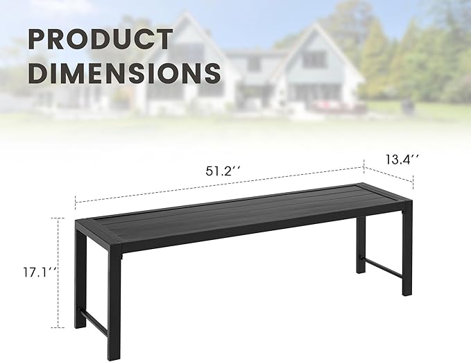 51.2" Outdoor Bench, 2 Pieces Patio Backless Garden Bench with Metal Frame for Porch, Entryway, Lawn, Backyard, Black