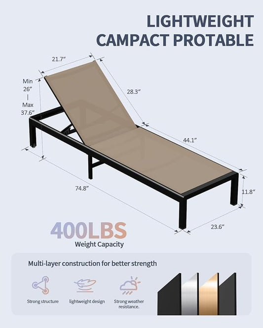 Aluminum Lounge Chairs Outdoor Chaise Furniture,2 Sets Patio Metal Deck Lounger Adjustable 5-Position Poolside Chase Recliner with Wheels for Beach,Coffee Table, (Khaki, 1 Chair)
