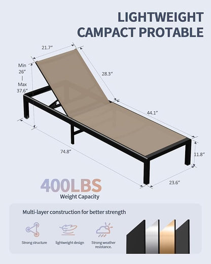 Aluminum Lounge Chairs Outdoor Chaise Furniture,2 Sets Patio Metal Deck Lounger Adjustable 5-Position Poolside Chase Recliner with Wheels for Beach,Coffee Table, (Khaki, 2 Chairs + Table)