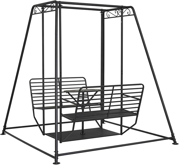 Kinfant 4-Seat Outdoor Patio Swing Chair with Stand, Heavy Duty 880 LBS Weight Capacity Metal Swing Bench with Table, 87”Height Porch Swings Set for Patio Garden Backyard, Steel