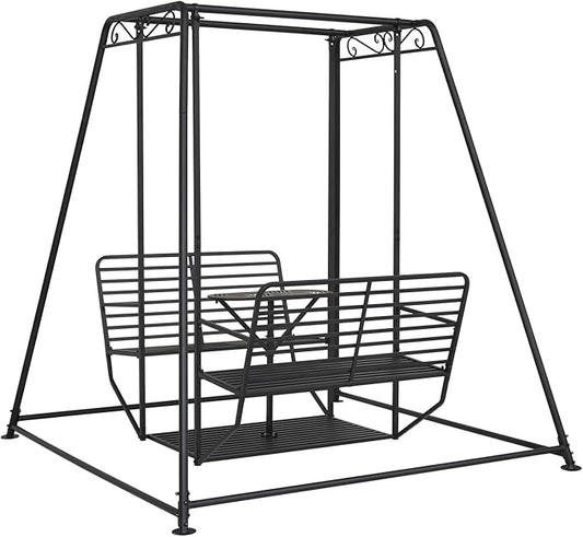 Kinfant 4-Seat Outdoor Patio Swing Chair with Stand, Heavy Duty 880 LBS Weight Capacity Metal Swing Bench with Table, 87”Height Porch Swings Set for Patio Garden Backyard, Steel