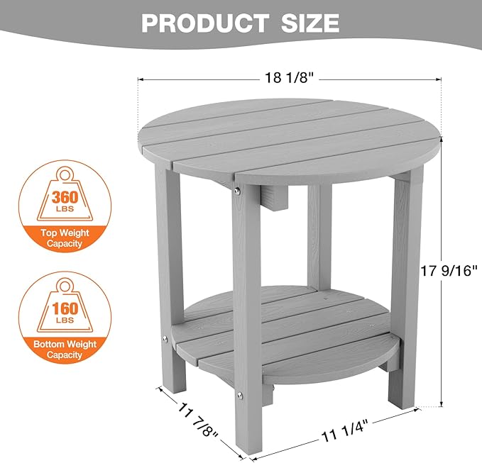 YEFU Adirondack Side Table, 18" Double Outdoor Side Table Set of 2, Poly Lumber end Table, Weather Resistant for Indoor, Patio, Pool, Porch, Backyard-Grey