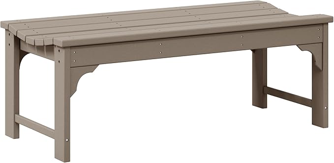 WO Home Furniture Outdoor 46" Backless HDPE Adirondack Bench, Poly Lumber Seat for Patio, Backyard, Balcony, All Weather Resistant with UV Protection, Weatherwood