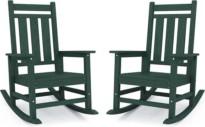 KINGYES Oversized Outdoor Rocking Chair Set of 2, All-Weather Patio Rocking Chairs for Porch, HDPE Outdoor Patio Rockers with High Back & Wide Seat for Garden, Lawn, Green