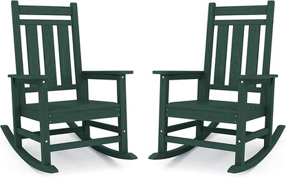KINGYES Oversized Outdoor Rocking Chair Set of 2, All-Weather Patio Rocking Chairs for Porch, HDPE Outdoor Patio Rockers with High Back & Wide Seat for Garden, Lawn, Green