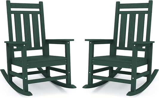KINGYES Oversized Outdoor Rocking Chair Set of 2, All-Weather Patio Rocking Chairs for Porch, HDPE Outdoor Patio Rockers with High Back & Wide Seat for Garden, Lawn, Green