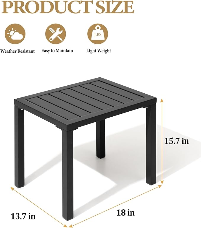 Crestlive Products Aluminum Outdoor Side Table Set of 2, Black Small Rectangular Weather Resistant Coffee End Tables for Patio Balcony Pool Deck