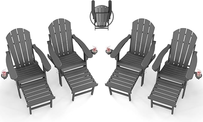 BRIOPAWS Adirondack-Chairs-with-Pull-Out-Footrest | Set of 4 | Folding | HDPE Plastic | Fire Pit Chair | All Weather | Cup Holders | Curved Back | Retractable Ottoman | for Poolside Deck | Grey