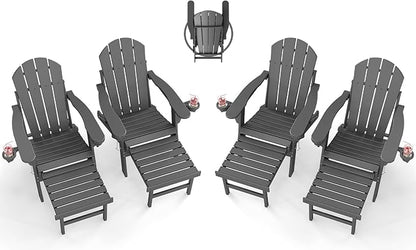 BRIOPAWS Adirondack-Chairs-with-Pull-Out-Footrest | Set of 4 | Folding | HDPE Plastic | Fire Pit Chair | All Weather | Cup Holders | Curved Back | Retractable Ottoman | for Poolside Deck | Grey