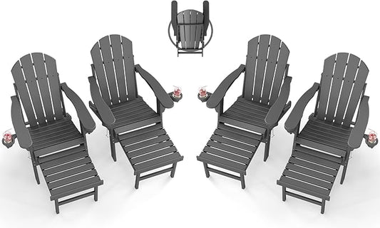 BRIOPAWS Adirondack-Chairs-with-Pull-Out-Footrest | Set of 4 | Folding | HDPE Plastic | Fire Pit Chair | All Weather | Cup Holders | Curved Back | Retractable Ottoman | for Poolside Deck | Grey