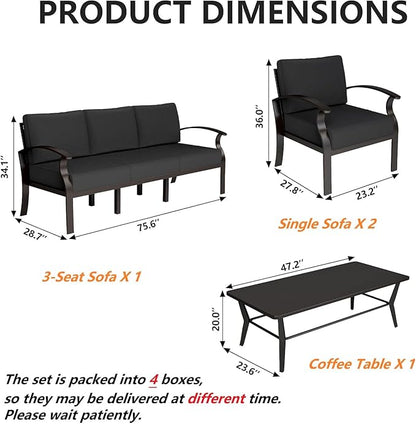 Gotland Aluminum Patio Furniture Set with Rectangular Coffee Table, Metal Patio Furniture with 5 Seats Waterproof 5.1'' Seat Cushions, Outdoor Sectional Patio Conversation Sets for Balcony Black