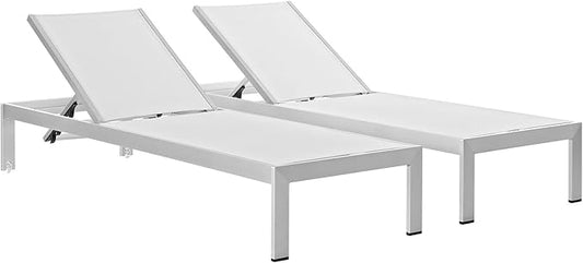 Modway Shore Aluminum Textilene® Mesh Outdoor Patio Two Poolside Chaise Lounge Chairs in Silver White