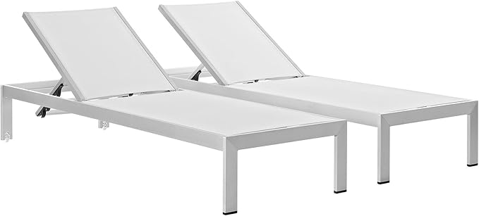 Modway Shore Aluminum Textilene® Mesh Outdoor Patio Two Poolside Chaise Lounge Chairs in Silver White