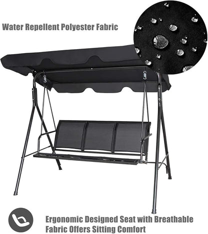 TANGKULA 3 Person Patio Swing, Steel Frame with Polyester Angle Adjustable Canopy, All Weather Resistant Swing Bench, Suitable for Patio, Garden, Poolside, Balcony (Black)