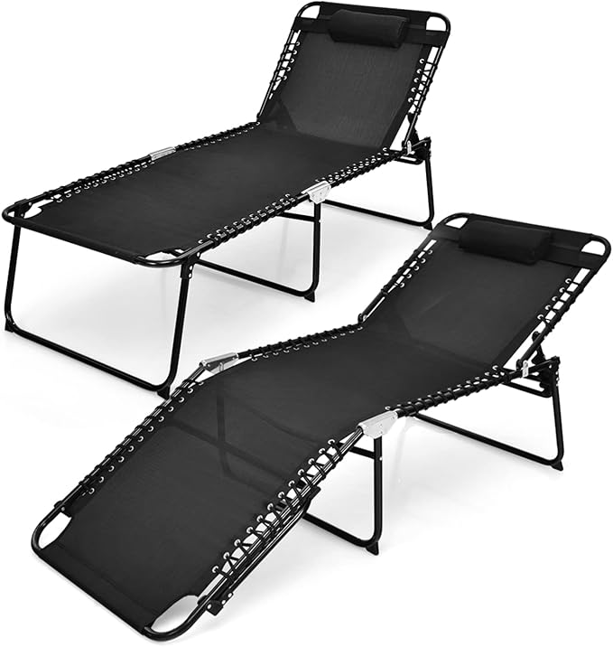 Goplus Chaise Lounge Chair Outdoor, Extra Large Folding 5-Postion Beach Lounge Chair with Detachable Pillow, Side Pocket, Sunbathing Lounge Chair, Adjustable Tanning Chair for Patio Lawn Pool Yard