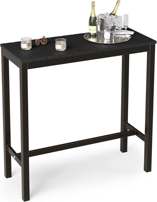 Outdoor Bar Table, 38" Patio Bar Height Counter Console Table, Black Waterproof HDPS Slatted Top and Bronze Leg, Weather Resistant, Hot Tub, Balcony, Yard, Indoor or Outdoor Use