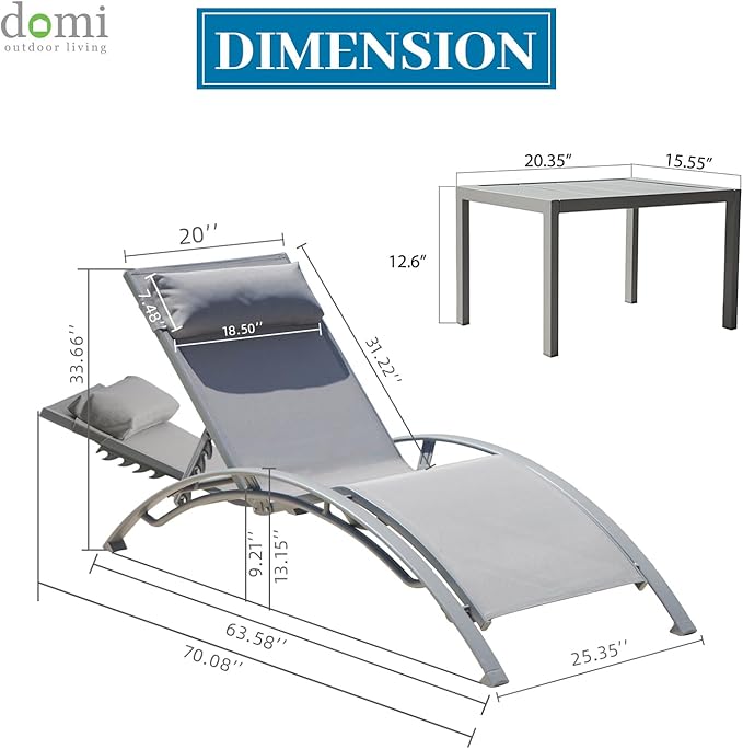 Domi Lounge Chair Set of 3, Aluminum Lounge Chairs for Outside with 5 Adjustable Positions, Chaise Lounge Outdoor for Pool, Garden, Beach, 2 Pool Chairs and 1 Side Table(Gray)