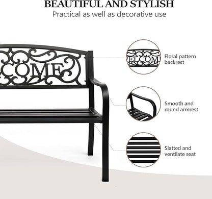 VINGLI Outdoor Bench for Patio Metal Garden Bench w/PVC Back Pattern, Black Park Benches Front Porch Benches for Yard Lawn Decor Deck Entryway (Black-Welcome)