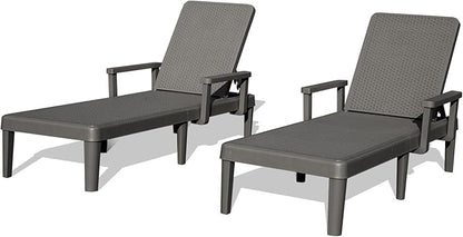 Domi Pool Lounge Chairs Set of 2, Outdoor Lounge Chairs with 6 Positions Backrest Adjustable Armrest, Resin Waterproof Chaise Lounge Outdoor for Poolside Patio Garden Deck