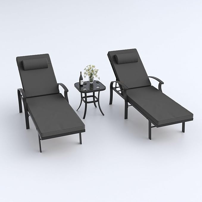 ALAULM Aluminum Pool Lounge Chair Set 3 Pieces,Outdoor Chaise Lounge with Adjustable 6 Position Backrest &Side Table Sunbathing Recliners for Poolside Beach,Black