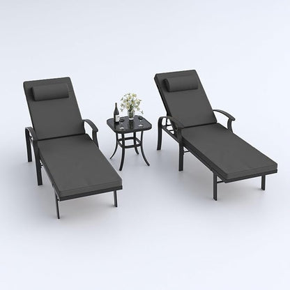 ALAULM Aluminum Pool Lounge Chair Set 3 Pieces,Outdoor Chaise Lounge with Adjustable 6 Position Backrest &Side Table Sunbathing Recliners for Poolside Beach,Black