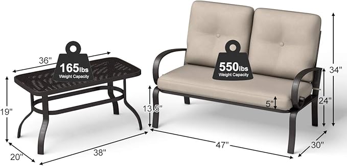 Giantex 2 Pcs Patio Loveseat with Coffee Table Outdoor Bench with Cushion and Metal Frame, Loveseat Furniture Set Sofa for Garden, Yard, Patio or Poolside