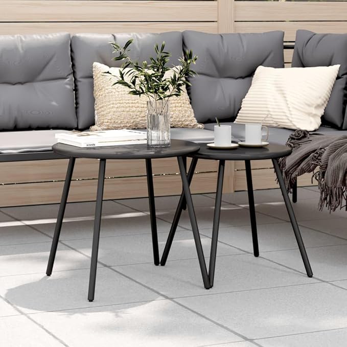 Garden Coffee Table Set of 2 Black Powder-Coated Steel Small Poolside Table Coffee Tables for Garden Backyard - Photo 1