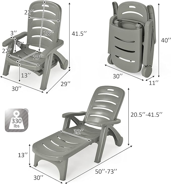 LDAILY Moccha Plastic Folding Lounge Chair, 5-Position Adjustable Chaise Lounge with 2 Rolling Wheels, Armrest, Outdoor Chaise Chair for Patio, Beach, Backyard, Poolside, Home (1, Grey)