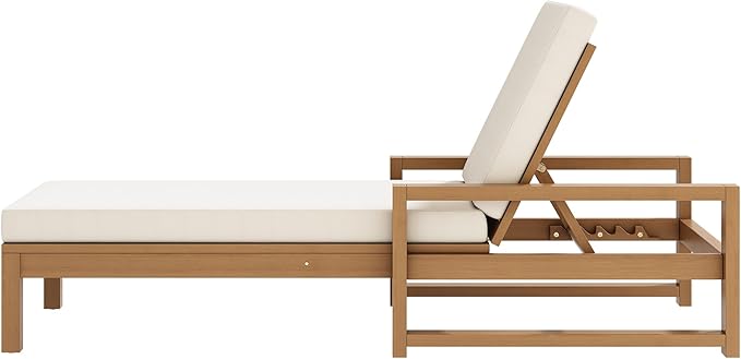 Lounge Chair Outdoor, Acacia Wood Oversized Chaise Lounge Chair with 5 Positions, Patio Lounge Chair with Thick Cushions, Weather-Resistant for Pool, Deck, Poolside,Light Teak