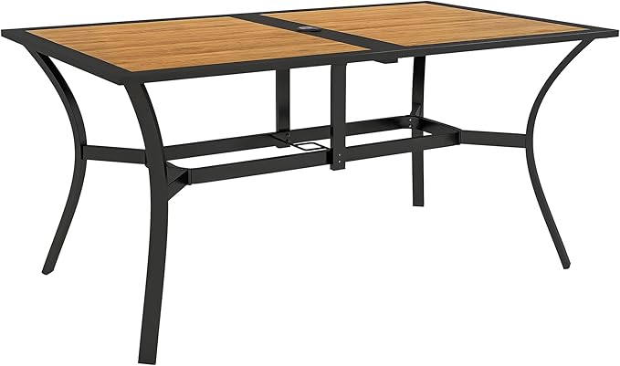 Outsunny Rectangle Outdoor Dining Table for 6 People, Faux Wood Rectangular Patio Table with Umbrella Hole, Steel Frame for Garden, Balcony, Brown