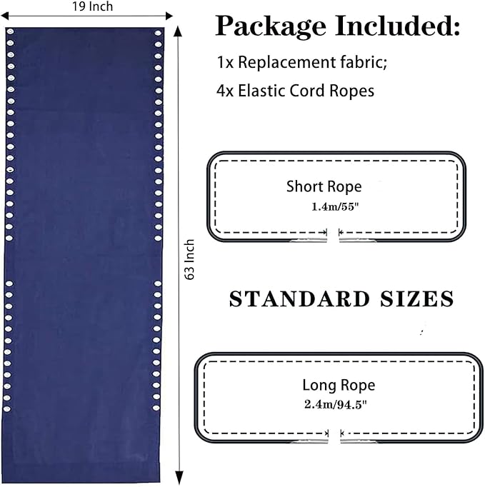 Zero Gravity Chair Replacement Fabric with Bungee Cord Kit, 19 Inch Wide Repair Cloth with Replacement Cord for Anti Gravity Chairs Outdoor Recliner Patio Lounge Chair Lawn Beach Sling Chair, Blue