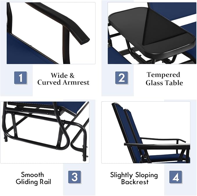 Giantex Outdoor Glider, Rocking Chair with Metal Frame, Center Tempered Glass Table, 2-Person Loveseat - Photo 7