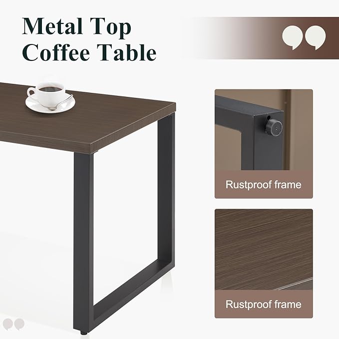 Belord Patio Coffee Table: Rectangular Heat Transfer Top Metal Outdoor Coffee Table with Storage, Anti-Rust Frame Modern Outdoor Table Furniture, 59" W Brown