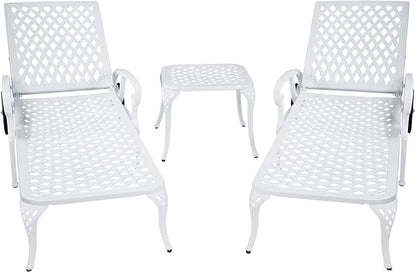 KEIKI Chaise Lounge Chair Outdoor Set of 2, Aluminium Cast Patio Chaise Lounge with Adjustable Backrest and Moveable Wheels, 3 Pieces Outside Tanning Chair, White and White (Side Table Not Included)