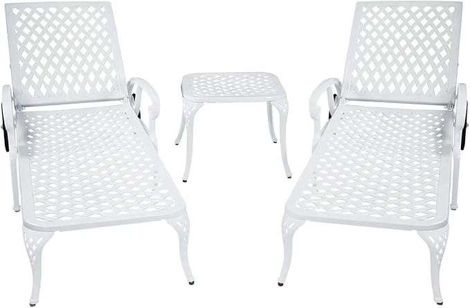 KEIKI Chaise Lounge Chair Outdoor, Aluminium Cast Patio Chaise Lounge with Adjustable Backrest and Moveable Wheels, Outside Tanning Chair, White (Side Table Not Included)