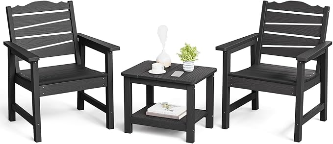 Patio Chairs Set, 3 Pieces Weatherproof HIPS Outdoor Furniture, Patio Chairs Conversation Sets with Side Table for Garden Porch Lawn & Backyard (Black)