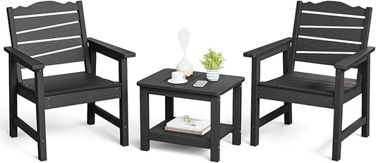 Patio Chairs Set, 3 Pieces Weatherproof HIPS Outdoor Furniture, Patio Chairs Conversation Sets with Side Table for Garden Porch Lawn & Backyard (Black)