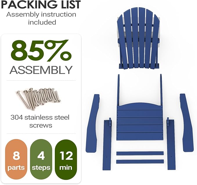 OTSUN Adirondack Chair, HDPE All-Weather Patio Chair, Plastic Lawn Chair 380 lbs Capacity, Outdoor Chairs for Fire Pit, Yard, Porch, Garden, Deck, Swimming Pool, Dark Blue