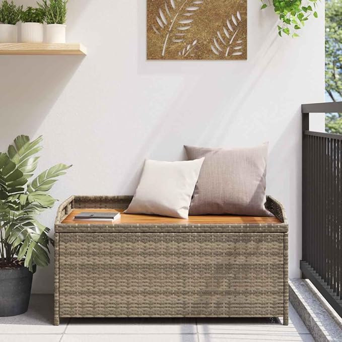 Outdoor Storage Bench 39.4 inch Grey Poly Rattan with Acacia Wood Frame, UV Resistant Garden Seating, 169 gal Capacity Patio Box for Balcony, Porch and Backyard